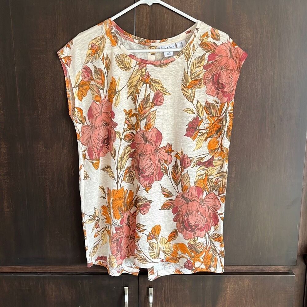 Nicole Miller Cream Floral Tee with Pink and Orange Flowers